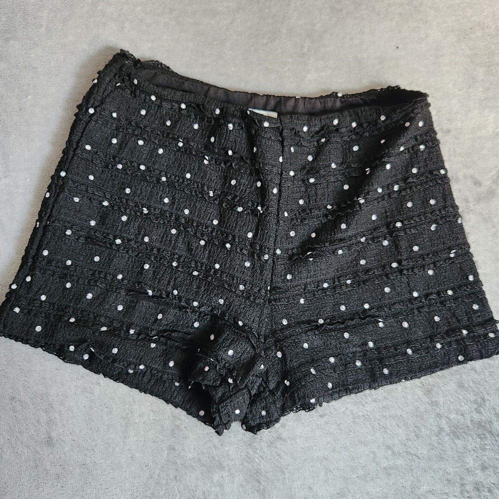 New PRINCESS POLLY Black Polka Dot Textured Tiered Ruffle Shorts High Waist 4